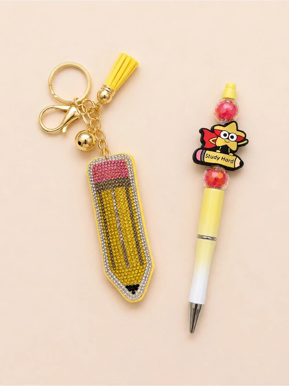Pencil Rhinestone Keychain Charm with handmade pencil theme pen